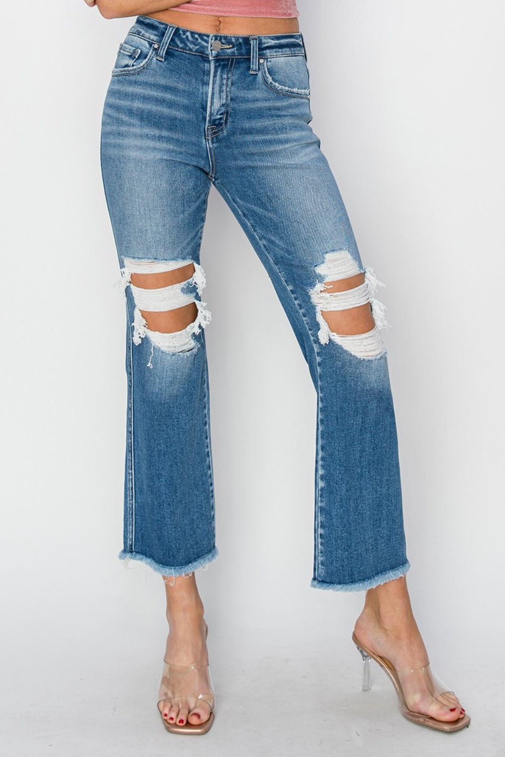 Stilla | Mellem Talje Distressed Afskåret Flare Jeans Mode