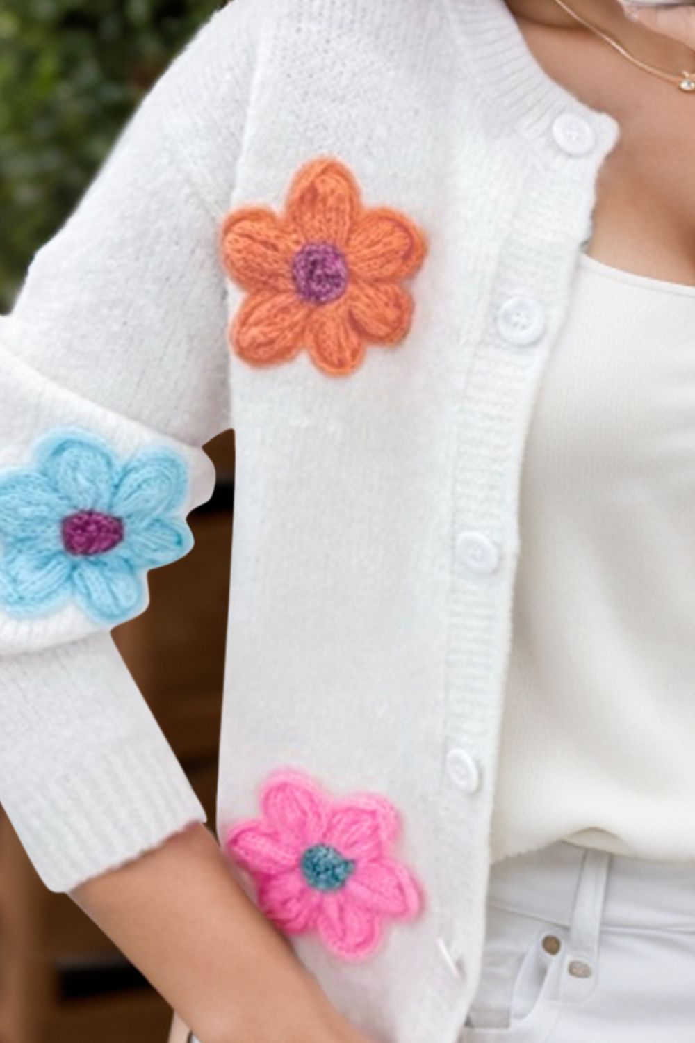 Stilla | Blomster Strikket Skulder Lange Ærmer Cardigan Online salg