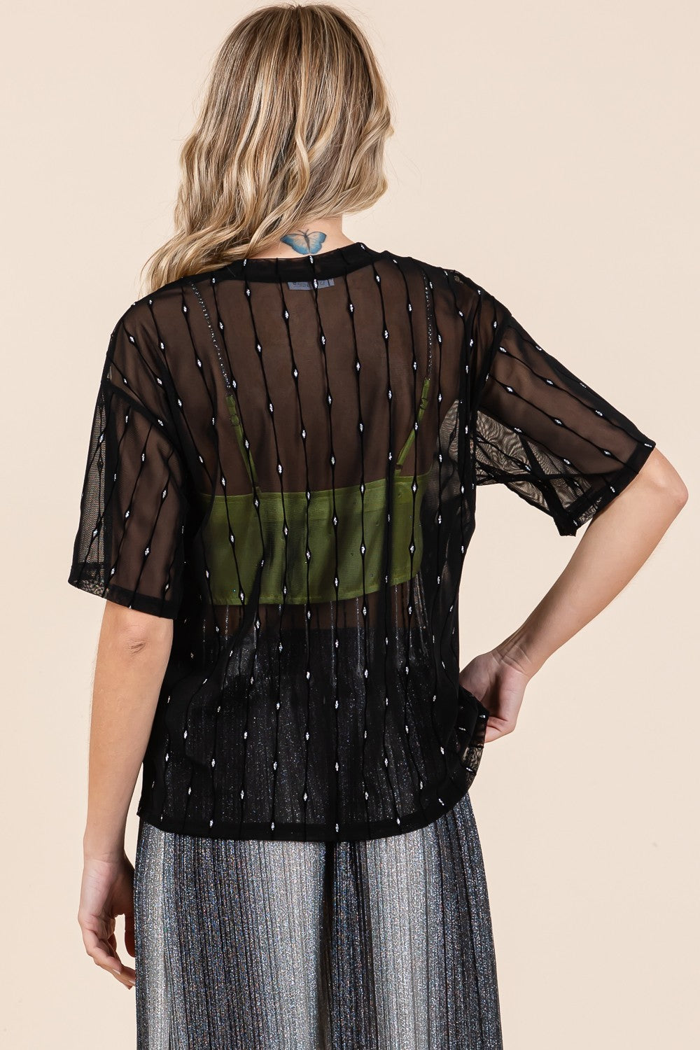 Stilla | Rund Hals Drop Shoulder Mesh Glitter Top Mode