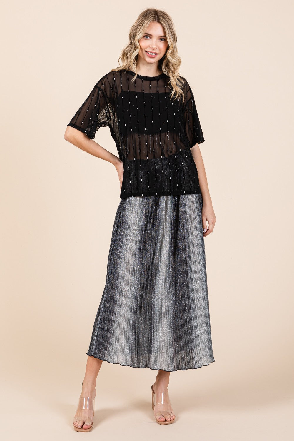 Stilla | Rund Hals Drop Shoulder Mesh Glitter Top Mode