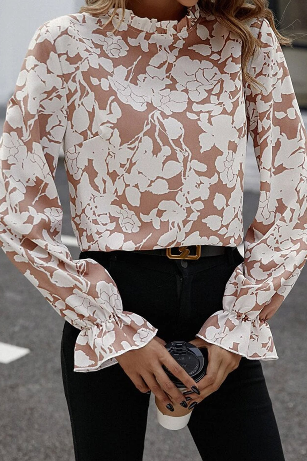 Stilla | Floral Tryk Mock Neck Ruffle Ærme Bluse Hot på udsalg