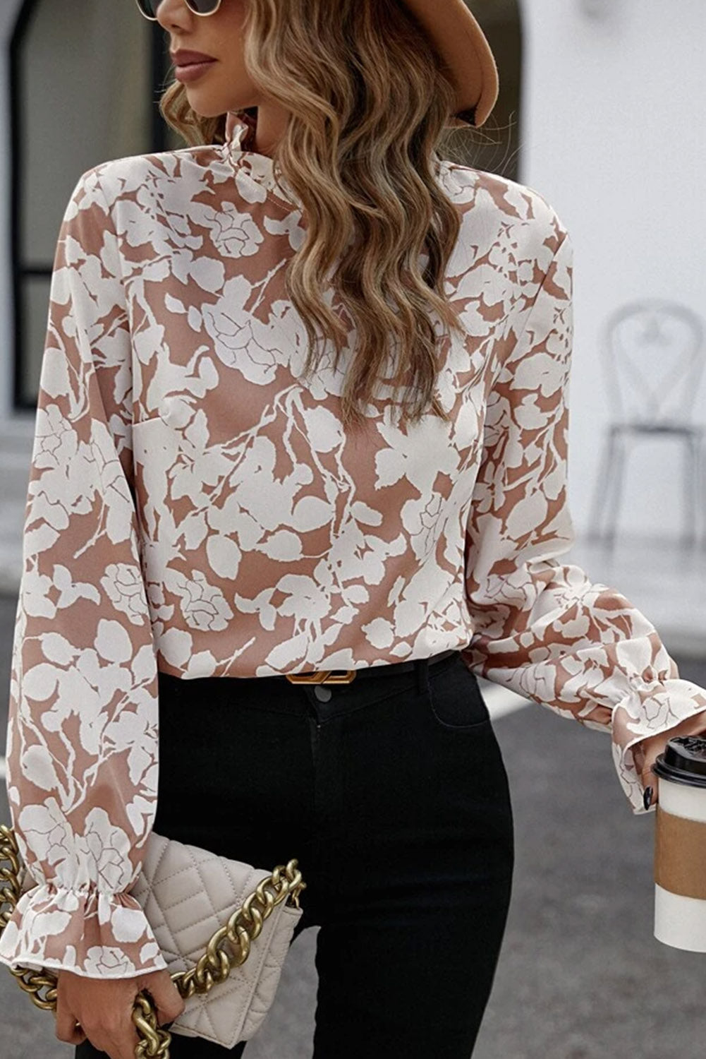 Stilla | Floral Tryk Mock Neck Ruffle Ærme Bluse Hot på udsalg