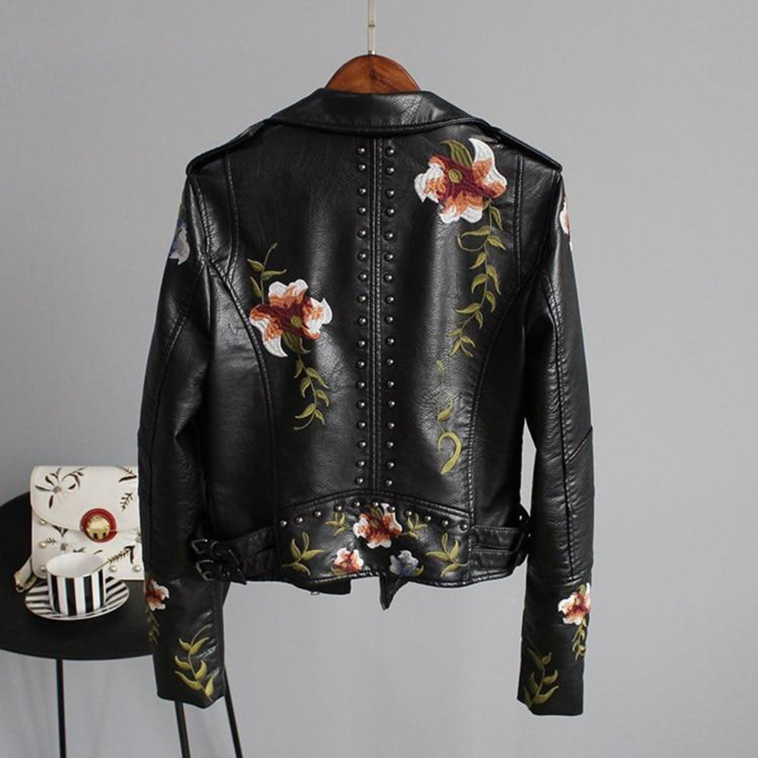 Stilla | Modekik Bikerjakke Med Blomsterbroderi Hot på udsalg