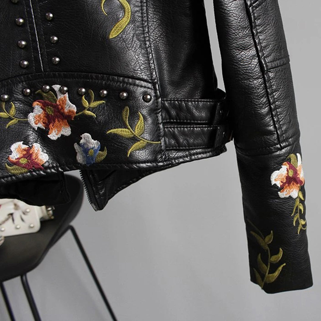 Stilla | Modekik Bikerjakke Med Blomsterbroderi Hot på udsalg
