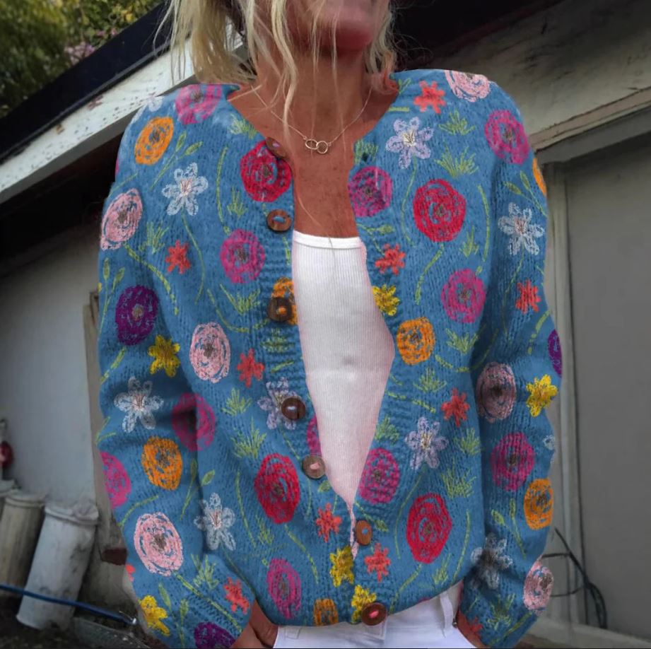 Stilla | Blå Strikketrøje Med Blomstermotiv Udsalg