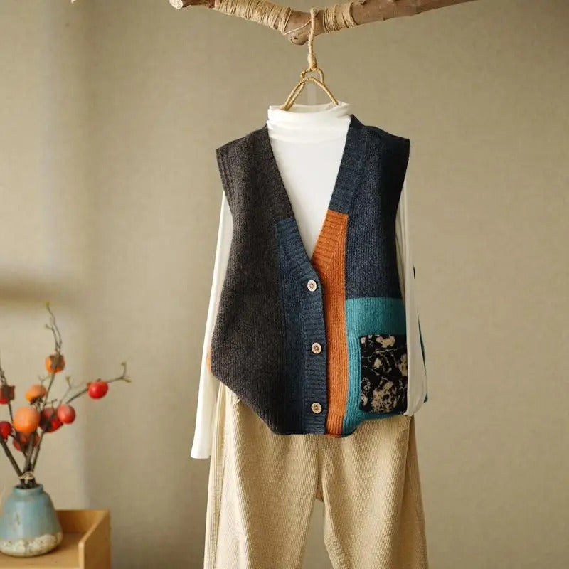 Stilla | Farverig Patchwork Strikket Vest Til Kvinder Hot på udsalg