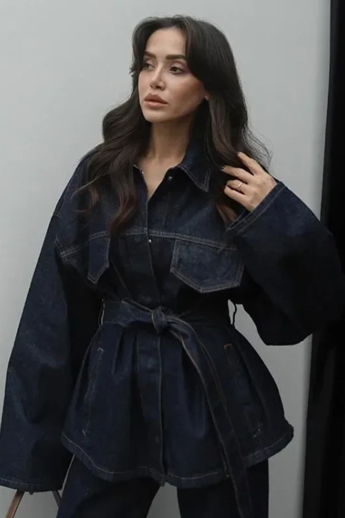 Stilla | Denim Sæt Elegant Taljeret Jeansjakke Med Bælte & Bred High Waist Bukser Online salg