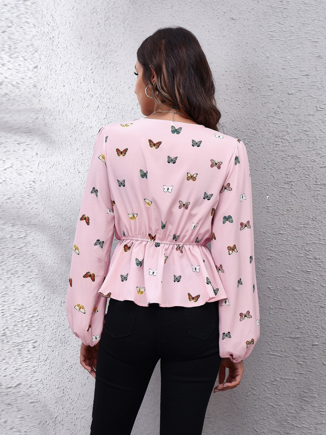 Stilla | Sommerfugl V-udskæring Ballonærme Peplum Bluse