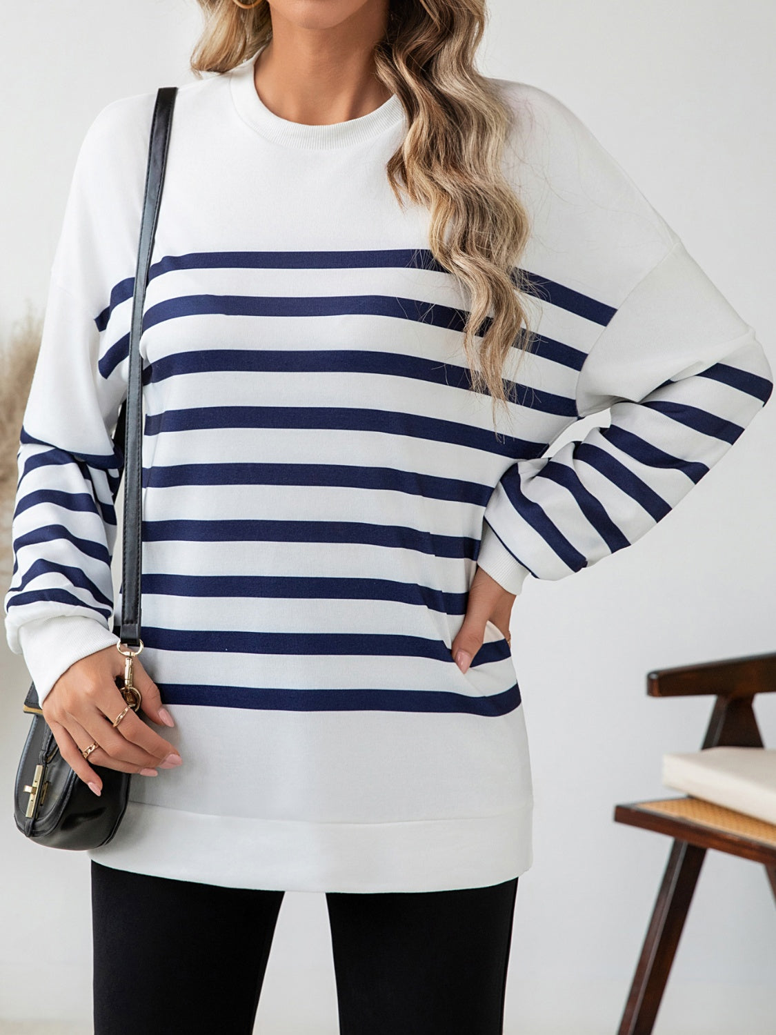 Stilla | Stribet Rundhalset Langærmet T-Shirt Online salg