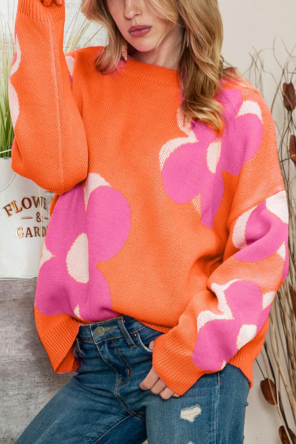 Stilla | Drejet, Blomstrende Sweater i Pink Og Orange Online Hot Salg