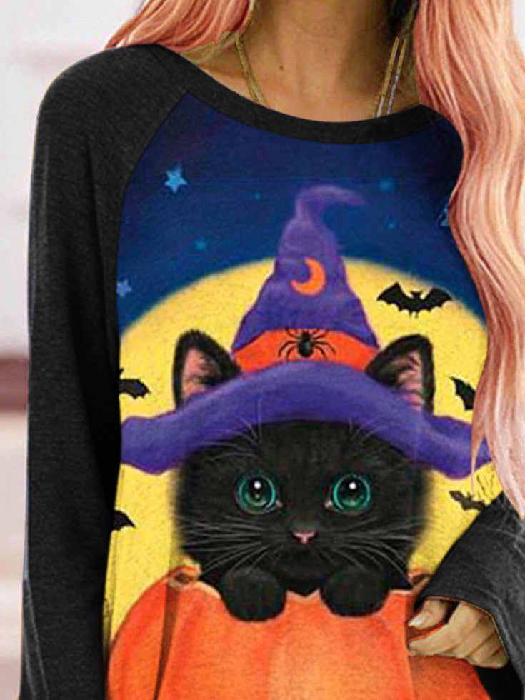 Stilla | Kvinder T-shirts Kat Græskar Print Rund Hals Langærmet T-shirt Mode
