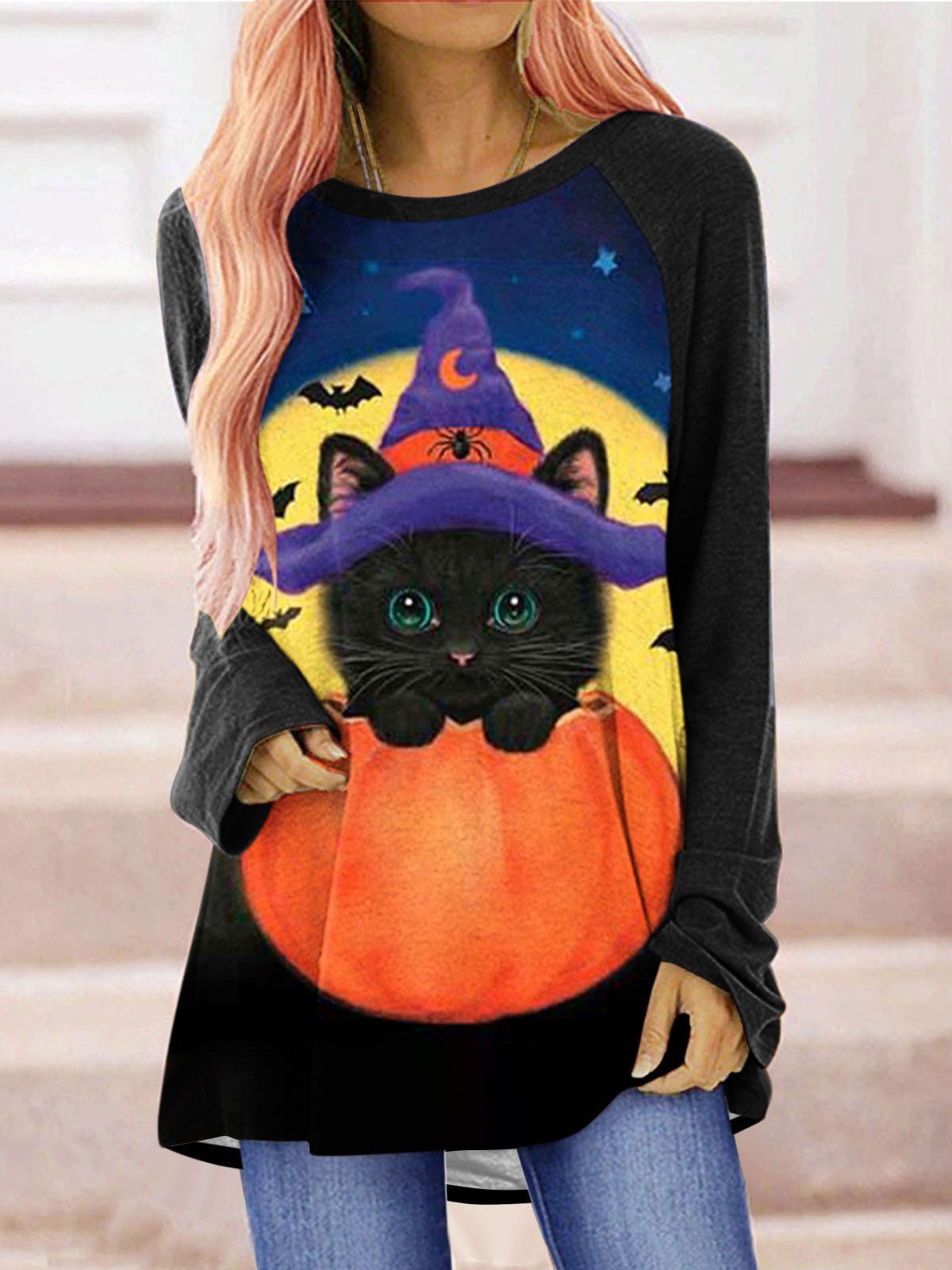 Stilla | Kvinder T-shirts Kat Græskar Print Rund Hals Langærmet T-shirt Mode