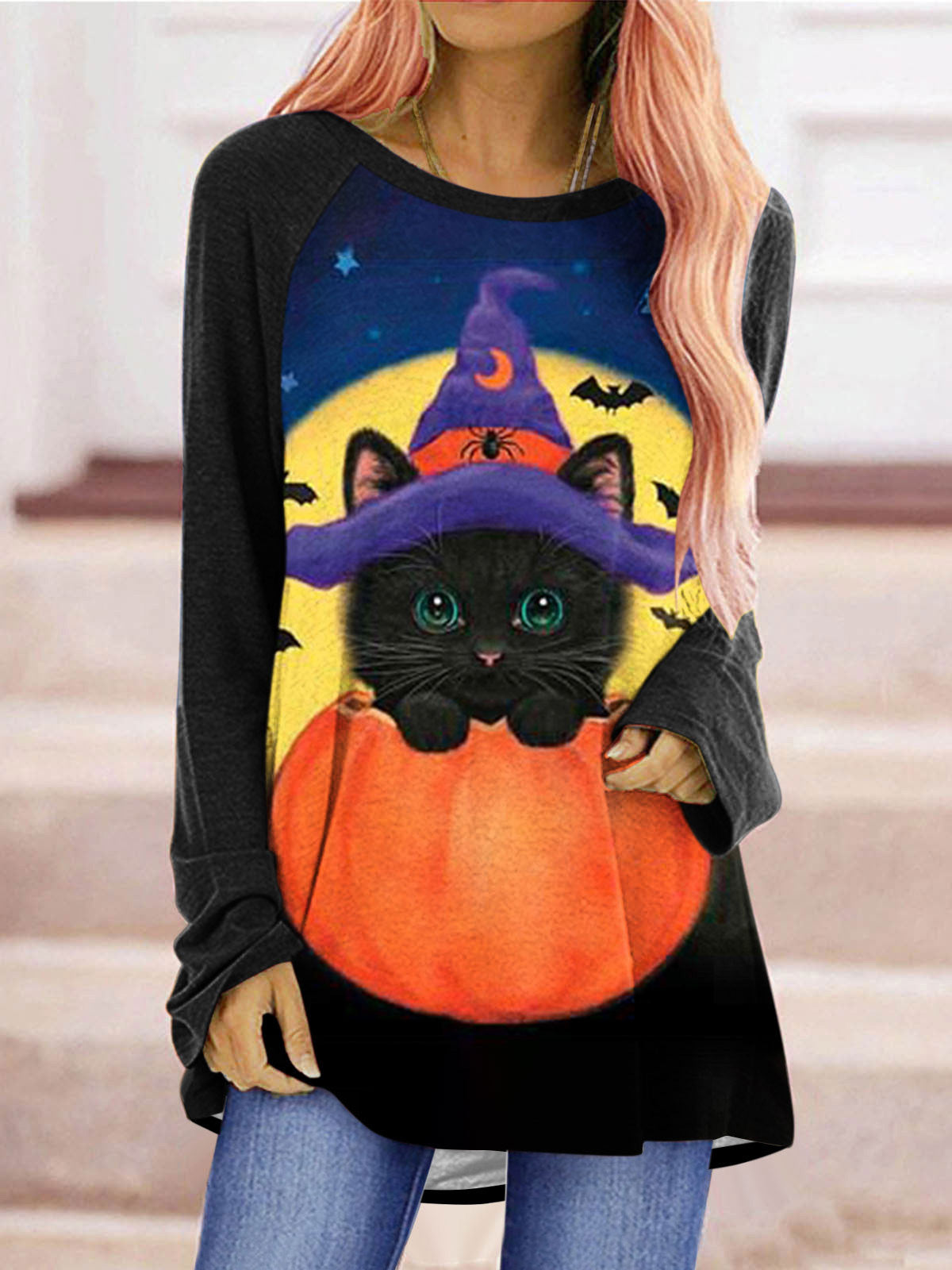 Stilla | Kvinder T-shirts Kat Græskar Print Rund Hals Langærmet T-shirt Mode