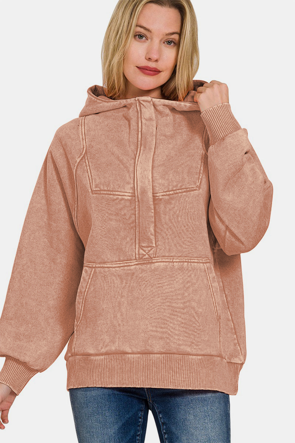 Stilla | Zenana Sweatjakke Med Kængurulomme Af Acid Vasket Fleece på udsalg