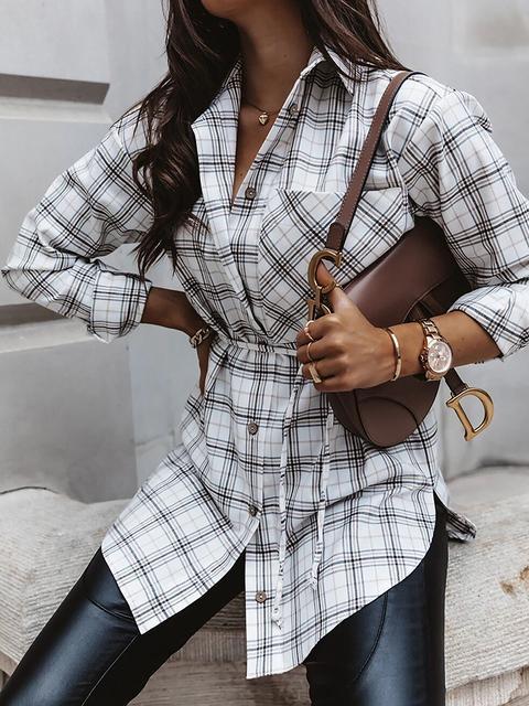 Stilla | Plaid Curve Hem Knap Op Skjorte Levere