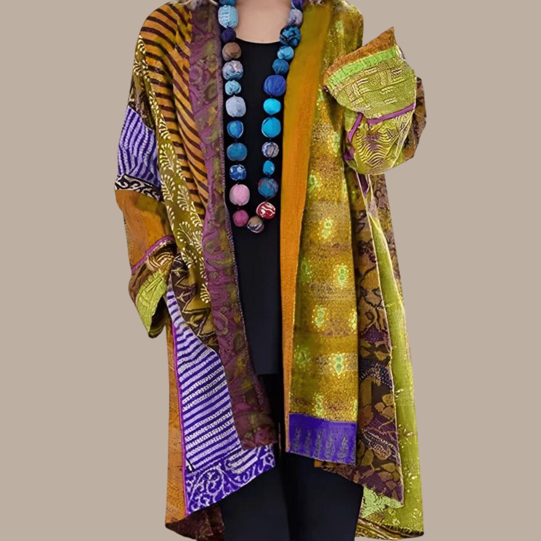 Stilla | Farverig Patchwork Kimono med Teksturerede Lag Online Hot Salg