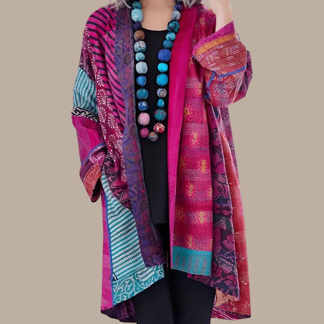 Stilla | Farverig Patchwork Kimono med Teksturerede Lag Online Hot Salg