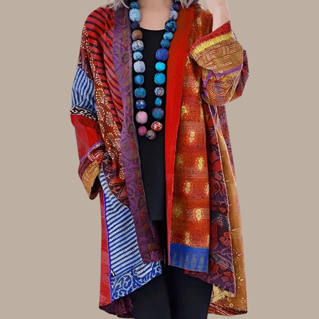 Stilla | Farverig Patchwork Kimono med Teksturerede Lag Online Hot Salg