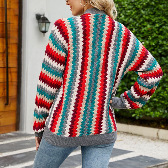 Stilla | Farverig Strikket Cardigan med Knaplukning Akryl Retro Zigzag Mønster Hot på udsalg