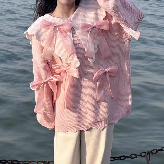 Stilla | Stribet Babykrave Sløjfe Løs Pink Pullover