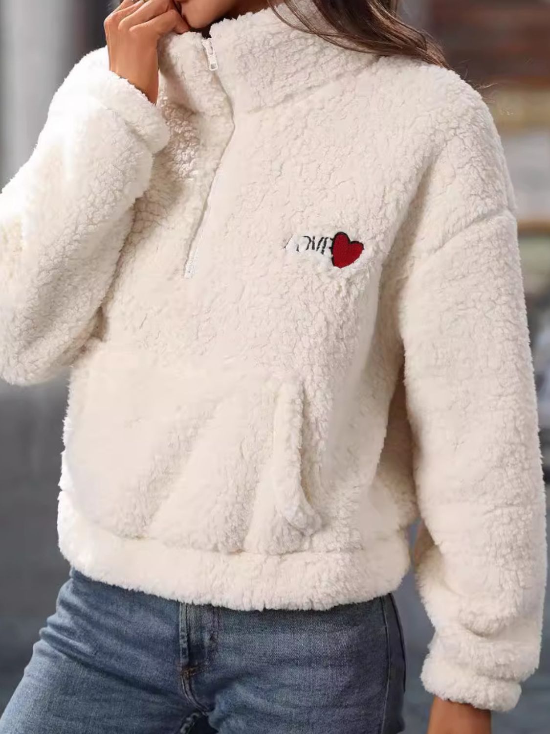 Stilla | Hjerte Halv-Zip Langærmet Teddy Sweatshirt