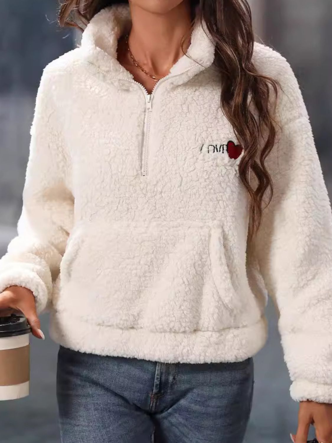 Stilla | Hjerte Halv-Zip Langærmet Teddy Sweatshirt