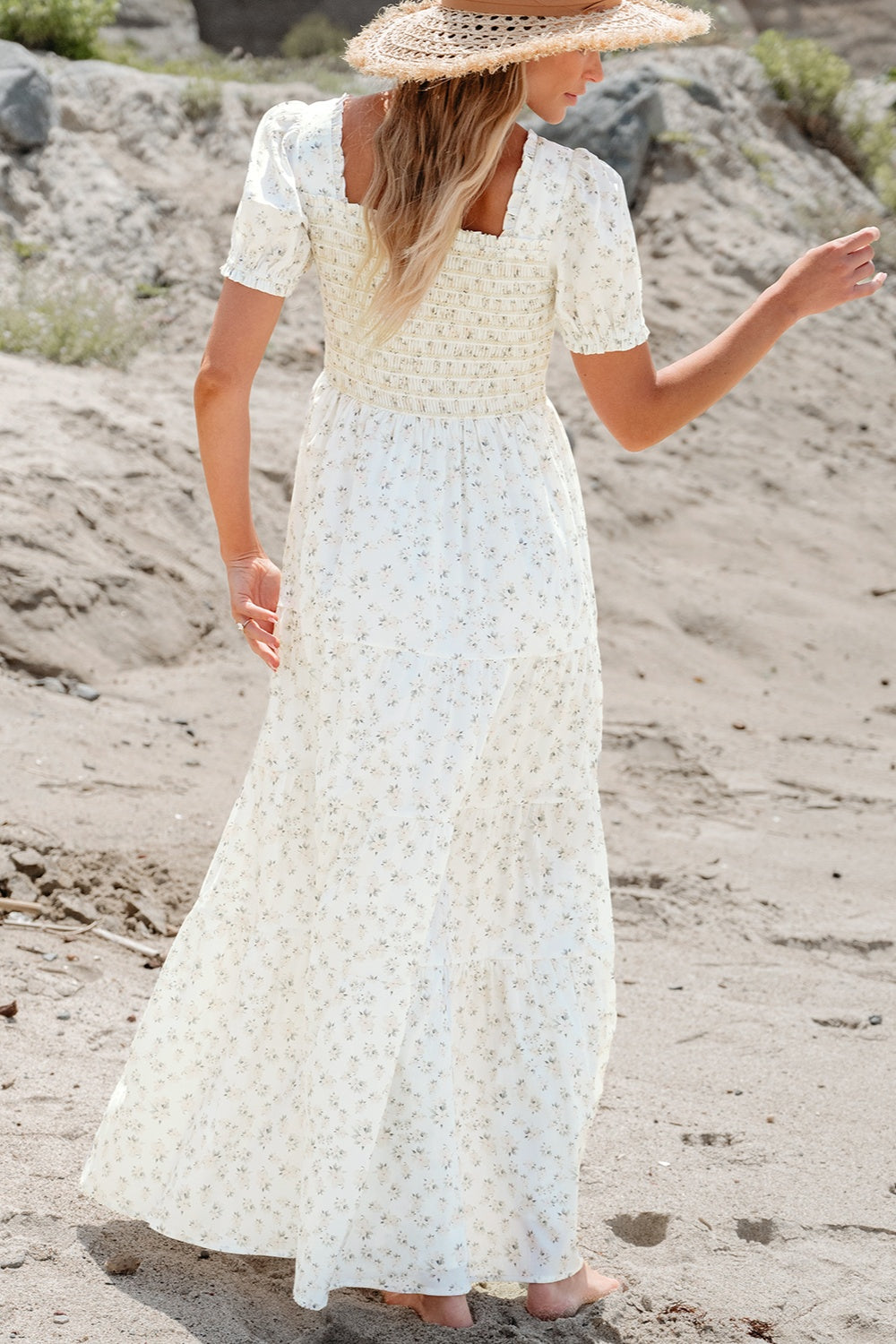 Stilla | Printed Square Neck Short Sleeve Dress Udsalg
