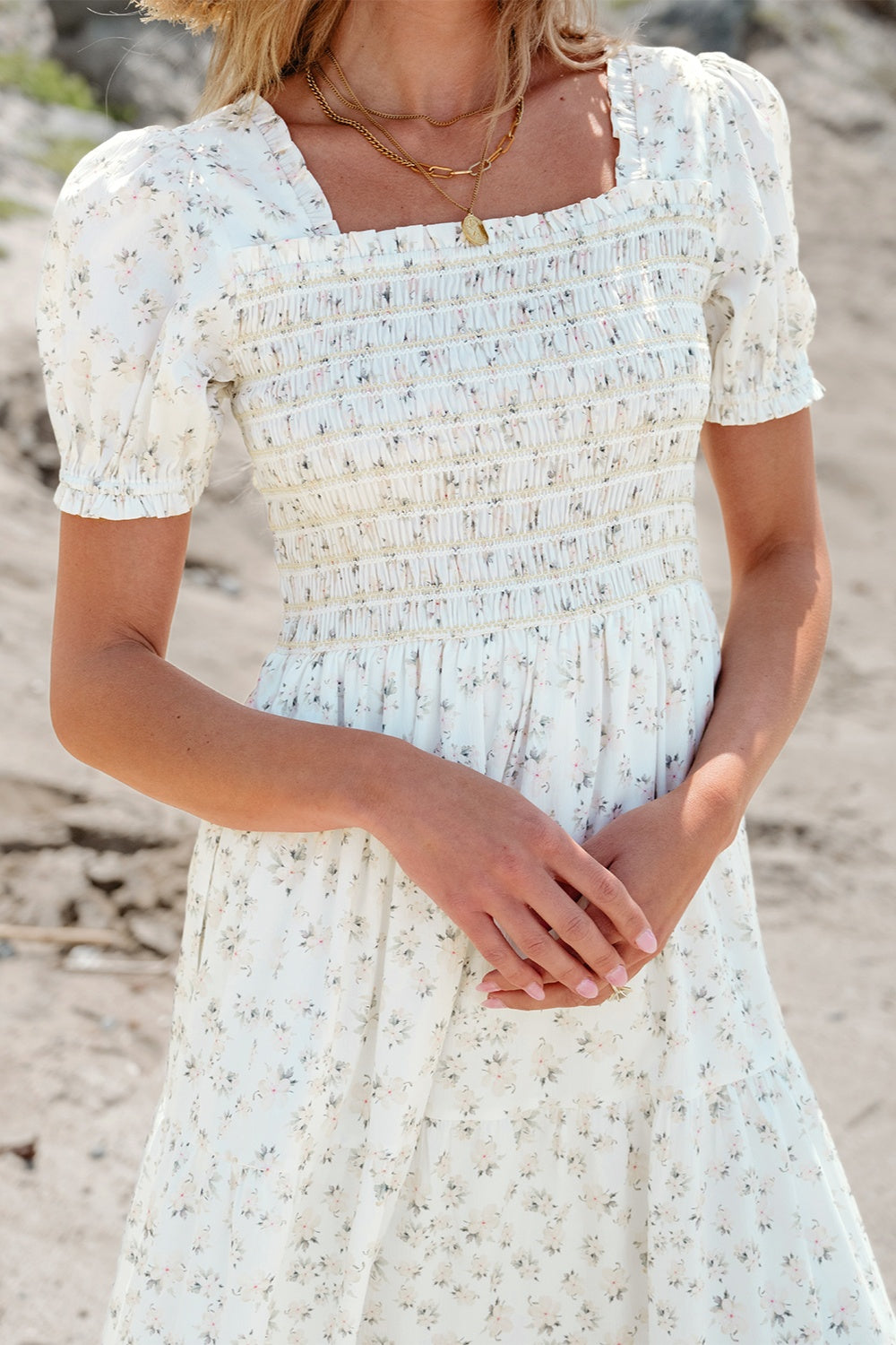 Stilla | Printed Square Neck Short Sleeve Dress Udsalg