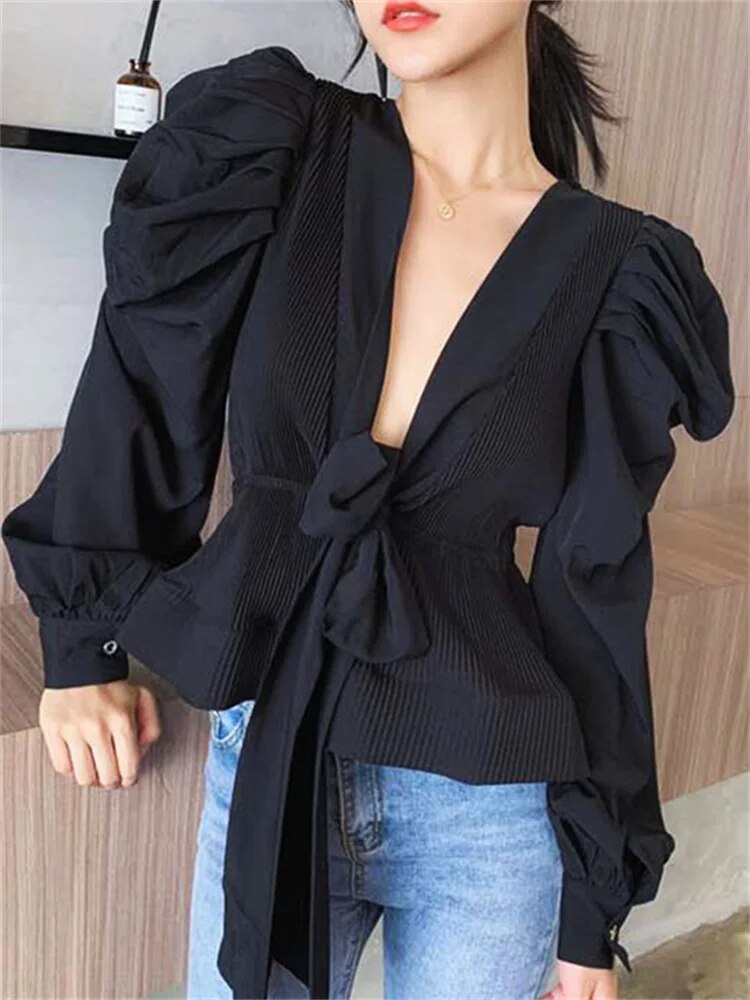 Stilla | Elegante V-hals Bluse Med Puffede Ærmer Online Hot Salg