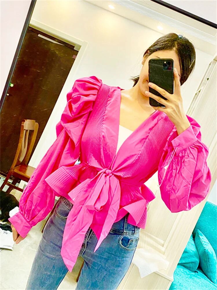 Stilla | Elegante V-hals Bluse Med Puffede Ærmer Online Hot Salg