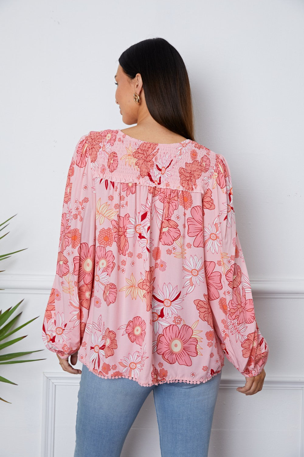 Stilla | Floral Smocked Quastenzug Bluse med Ballonærmer Mode