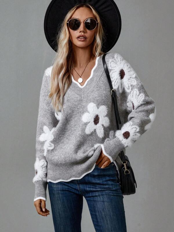 Stilla | Gray V-hals Floral Trøje Online