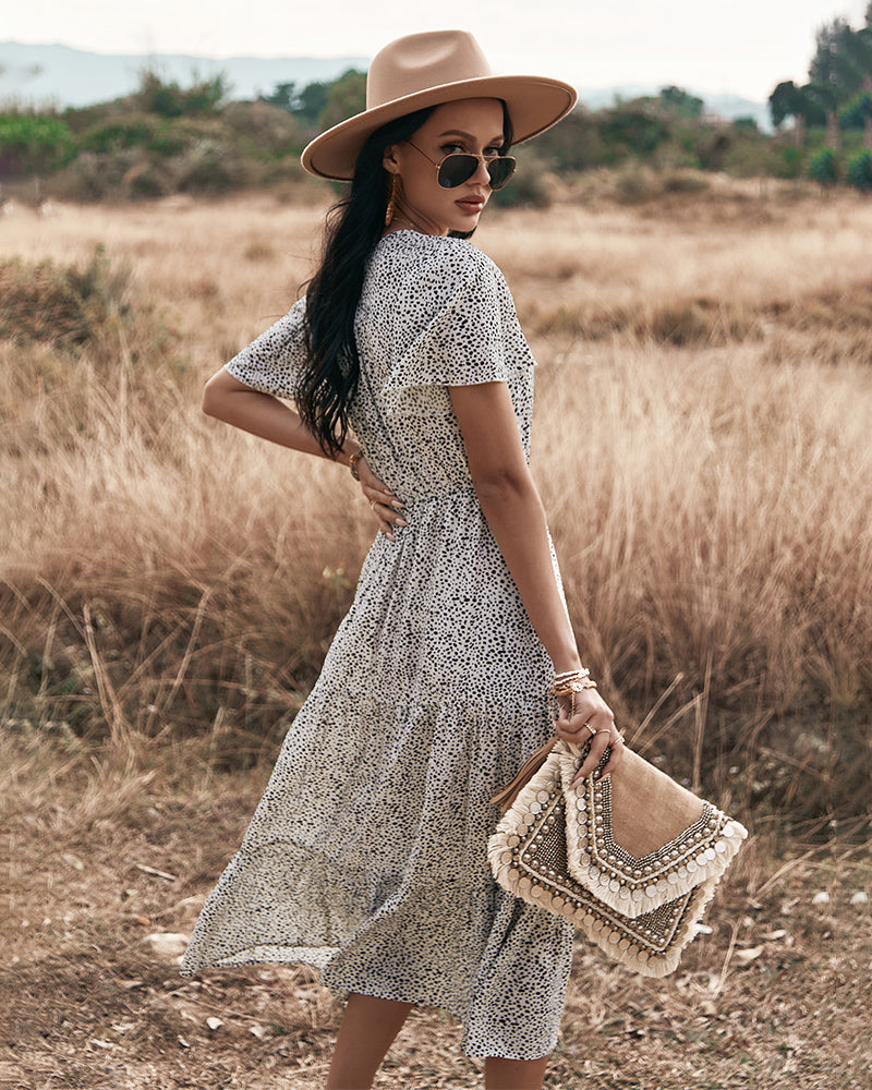 Stilla | Polka Dot V-hals Side Split Knap Op Midi Kjole Online nu