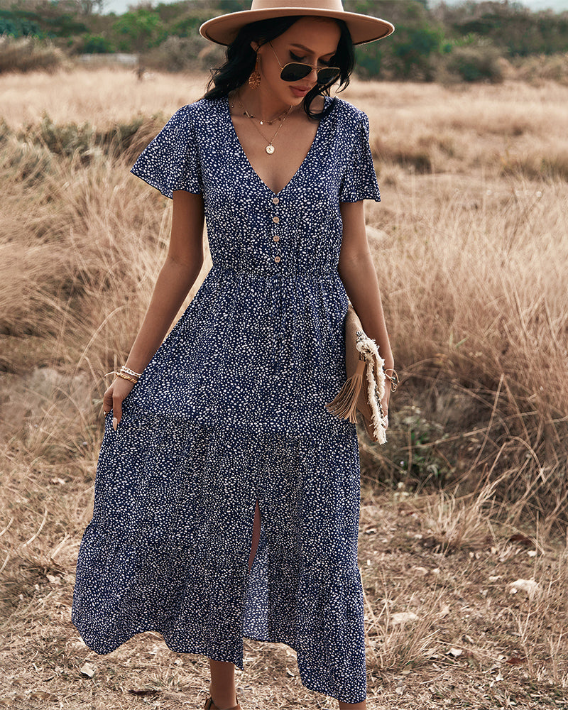 Stilla | Polka Dot V-hals Side Split Knap Op Midi Kjole Online nu