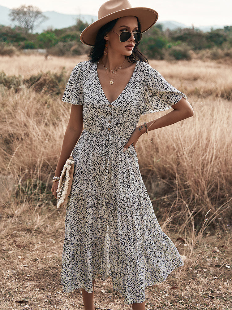 Stilla | Polka Dot V-hals Side Split Knap Op Midi Kjole Online nu