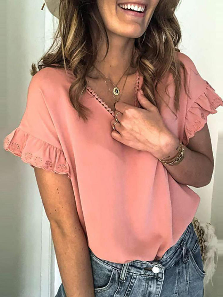 Stilla | Kvinders T-shirts Blonder V-hals Svampe Kant Korte Ærmer T-shirt Rabat
