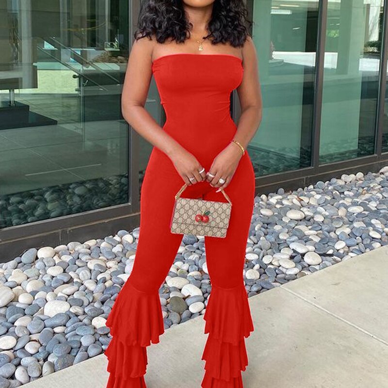 Stilla | Rød Strapless Flared Legs Jumpsuit Udsalg