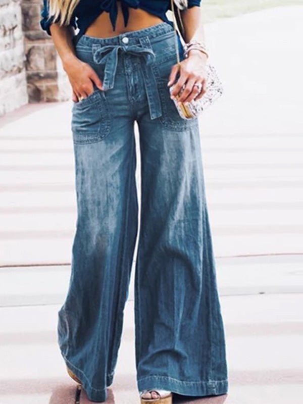 Stilla | Kvinders Jeans Snørebånd Vaskede Brede Ben Jeans Mode