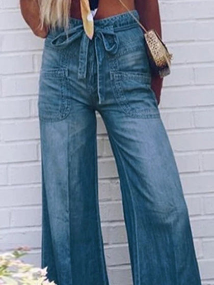 Stilla | Kvinders Jeans Snørebånd Vaskede Brede Ben Jeans Mode