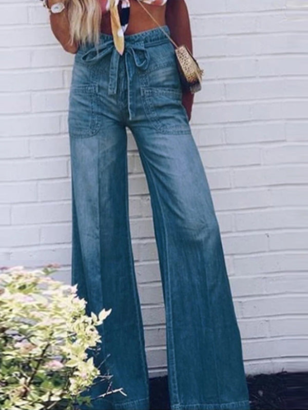 Stilla | Kvinders Jeans Snørebånd Vaskede Brede Ben Jeans Mode