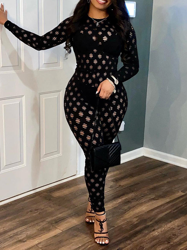 Stilla | Sexet Bodycon Langærmet Mesh Gennemsigtig Jumpsuit Hot på udsalg