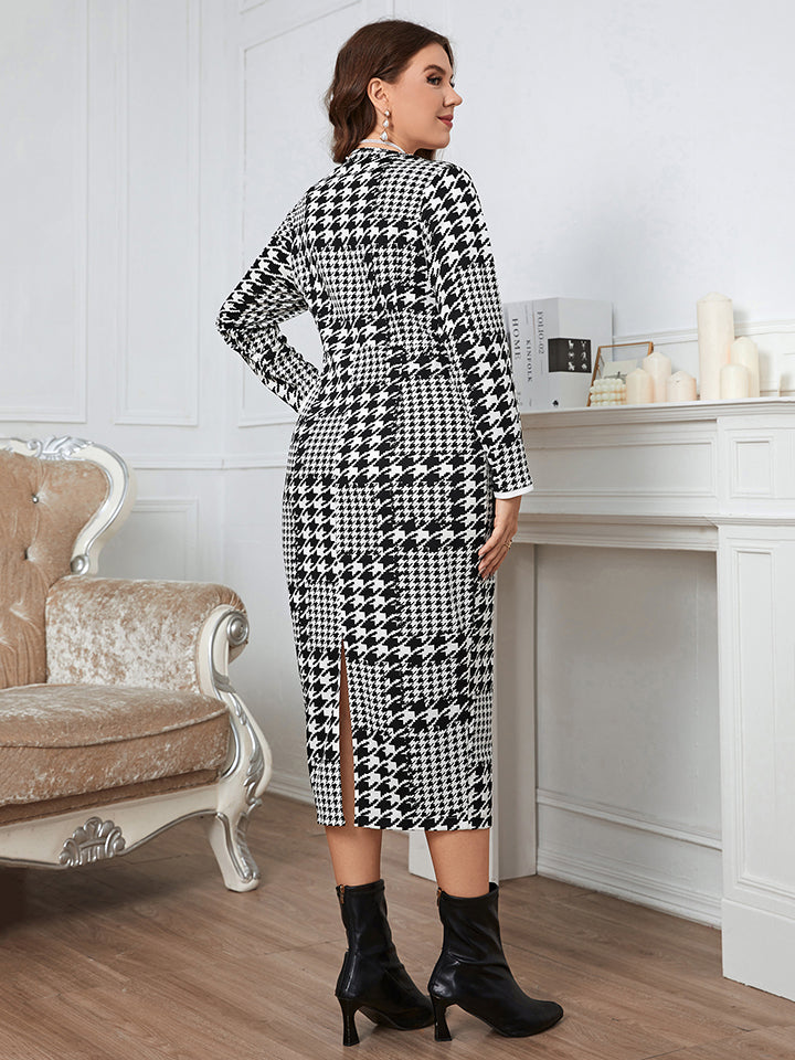 Stilla | Størrelse Houndstooth Knap-ned Langærmet Kjole Hot på udsalg