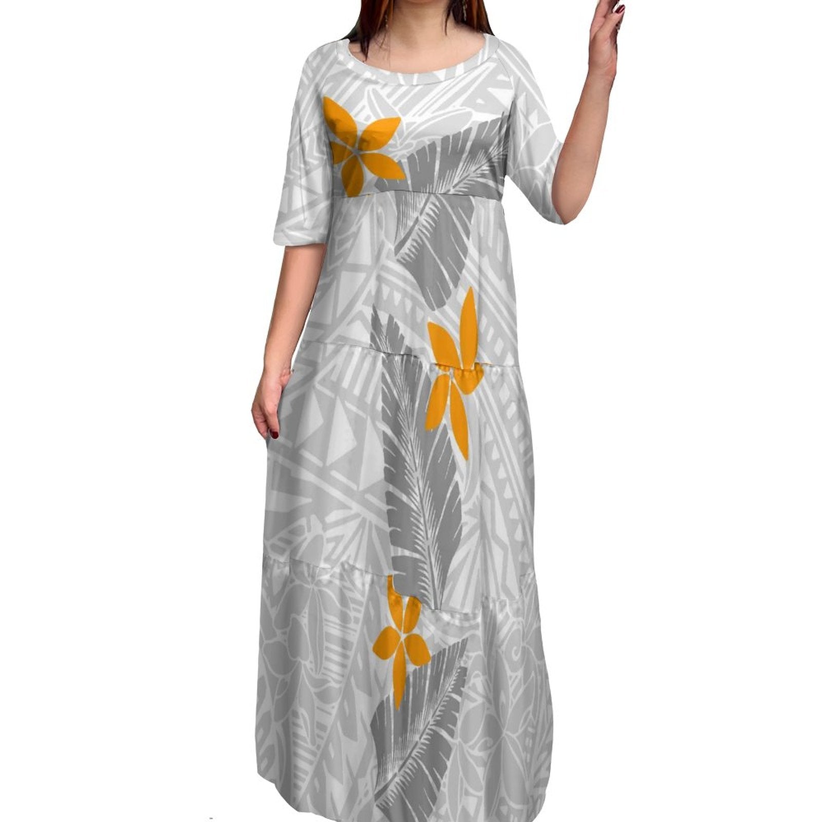 Stilla | Polynesisk Print Plus Size Rund Hals Kjole Online Hot Salg