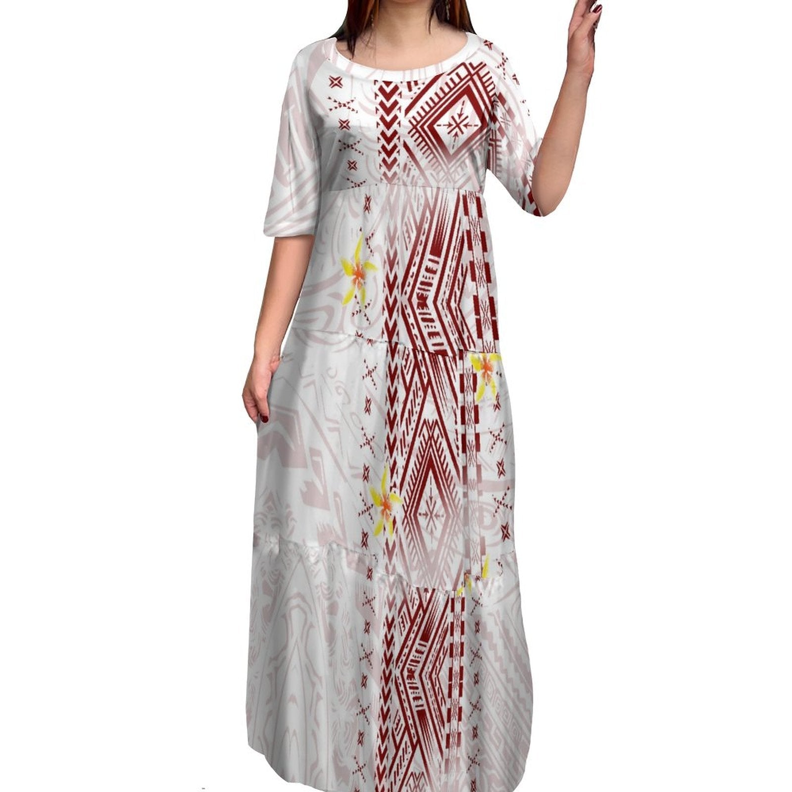 Stilla | Polynesisk Print Plus Size Rund Hals Kjole Online Hot Salg