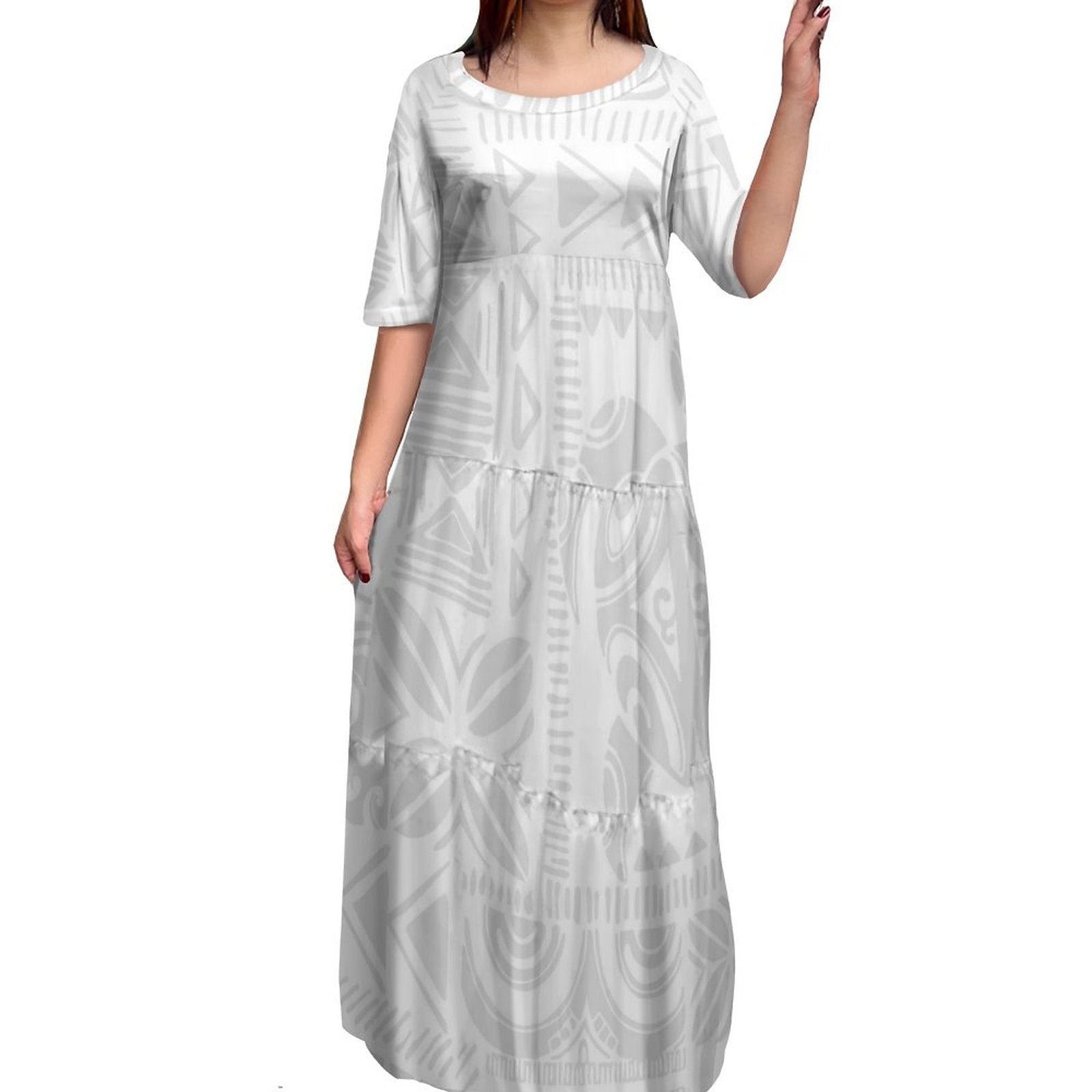 Stilla | Polynesisk Print Plus Size Rund Hals Kjole Online Hot Salg