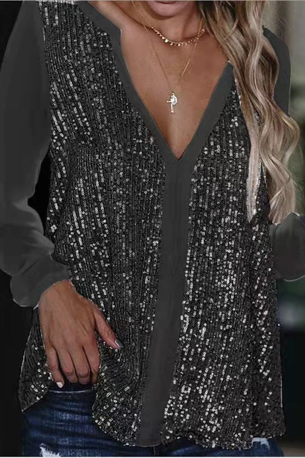 Stilla | Bluse Langærmet Paillet V-hals Bluse
